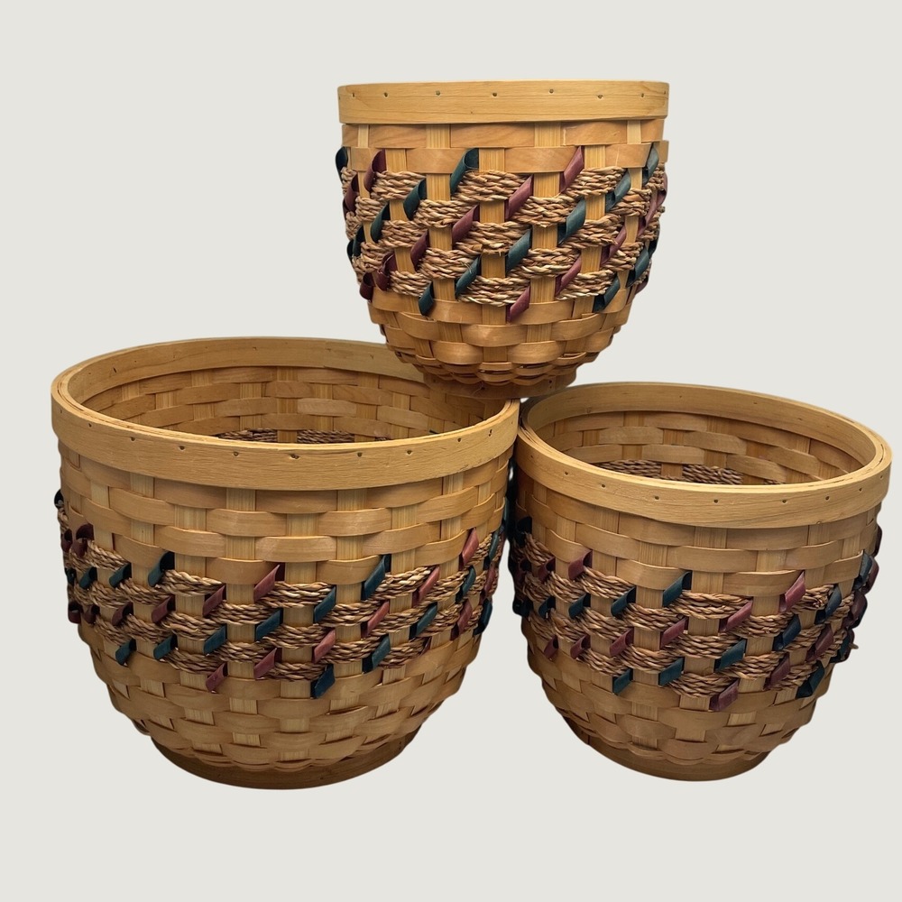 Woven Wood Nesting Baskets Set of 3 Brown Teal Burgundy Round Storage
